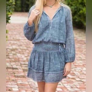 NATURAL LIFE Boho Hippie Denim Blue Chambray Long Sleeve Mini Dress Size Small
